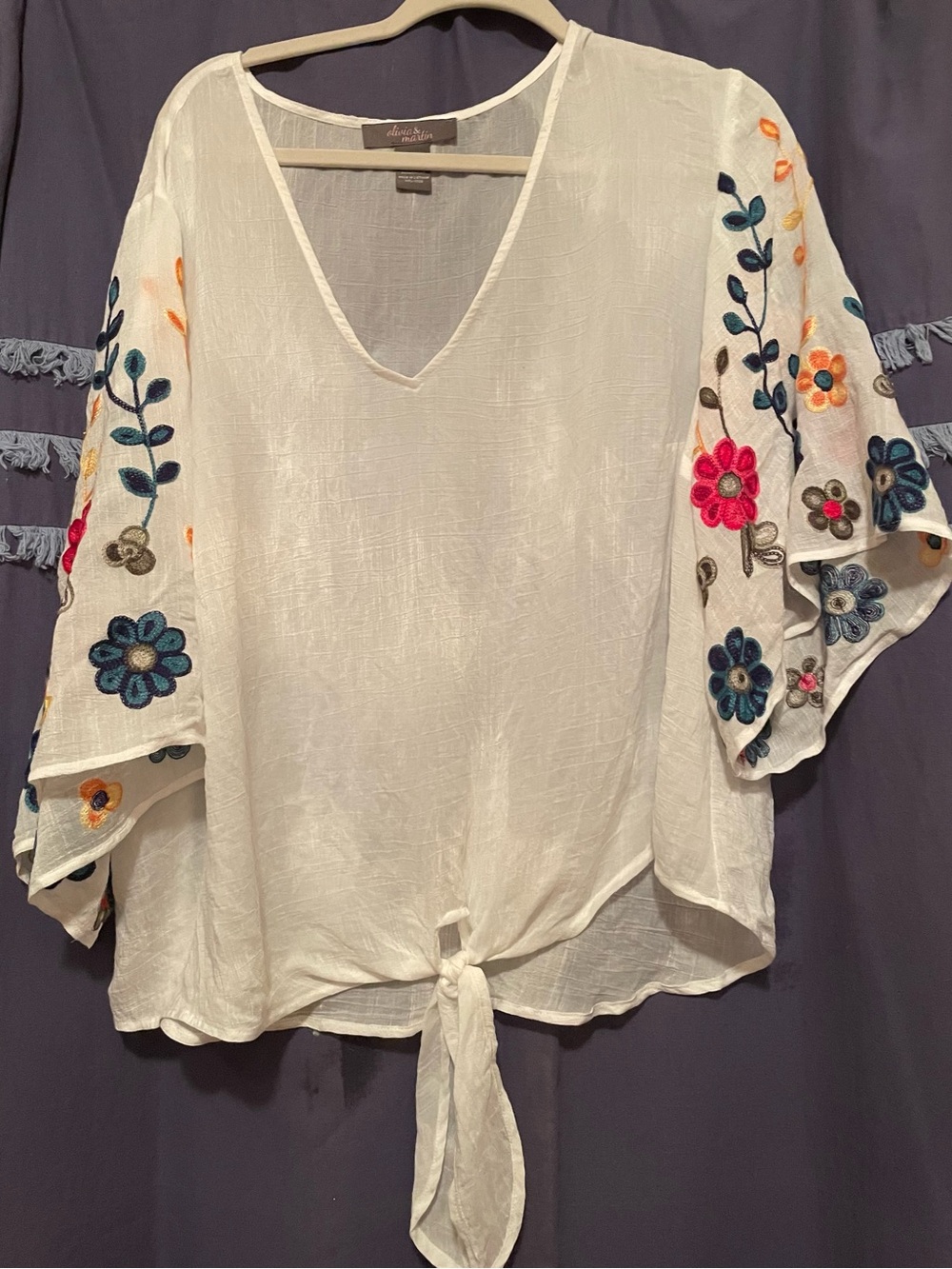 White Embroidered Tie-Front Blouse with Floral Sleeves